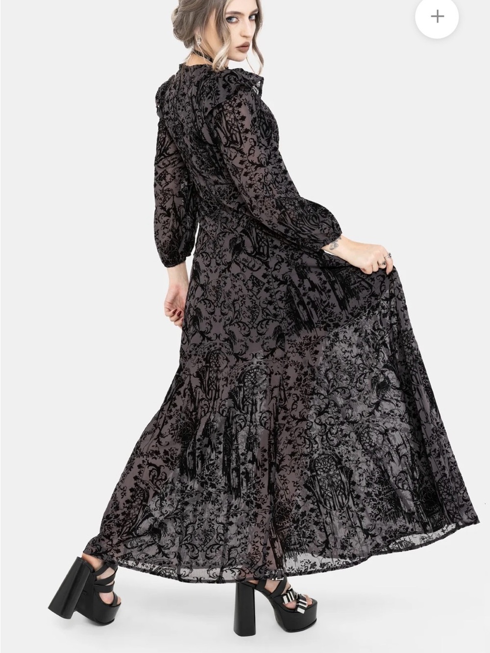 Thorned Flocked Chiffon Castle Print Frill Neck Maxi Dress - Picture 3 of 11